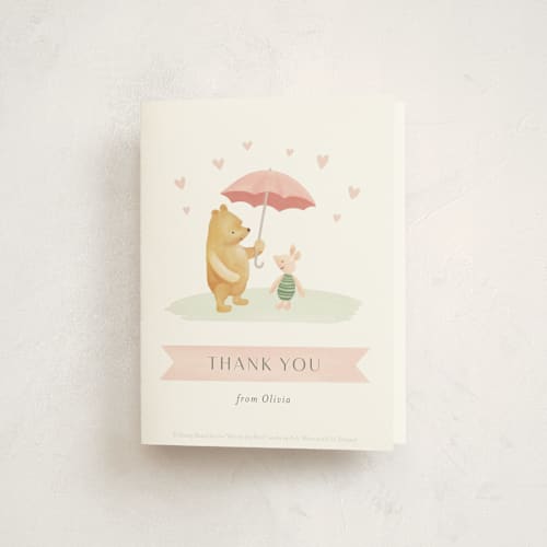 This is a blush baby shower thank you cards with standard by Katherine Moynagh called disney's pooh and piglet printing on strathmore in standard