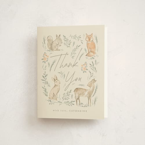 This is a ginger baby shower thank you cards with standard by Creo Study called vintage woodland printing on strathmore in standard