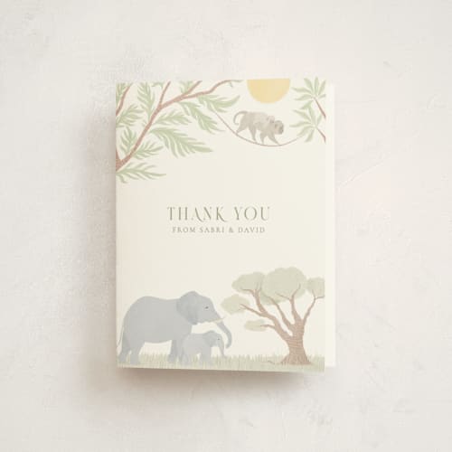 This is a sage baby shower thank you cards with standard by Sabrin Deirani called lovely jungle printing on strathmore in standard