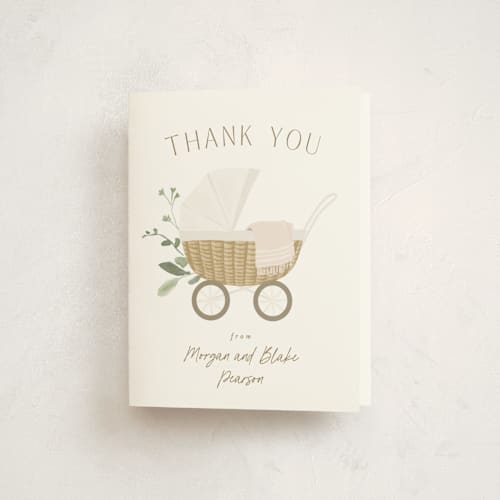 This is a porcelain baby shower thank you cards with standard by Everett Paper Goods called boho buggy printing on strathmore in standard