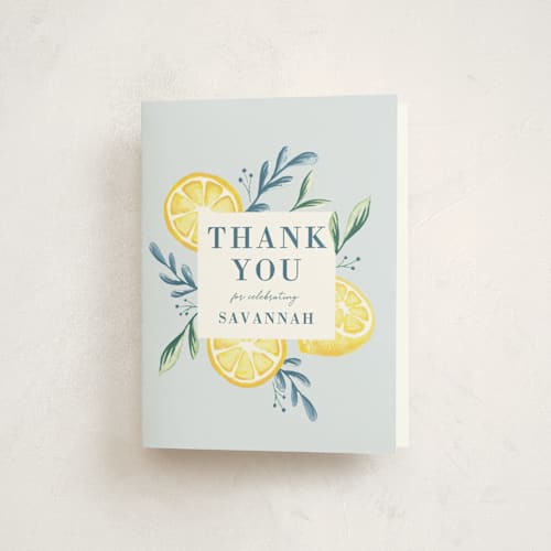 This is a pale blue baby shower thank you cards with standard by Megan Cash called lemons printing on strathmore in standard