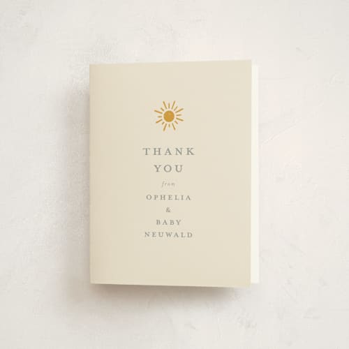This is a golden sun baby shower thank you cards with standard by Meggy Masters called sun toss printing on strathmore in standard