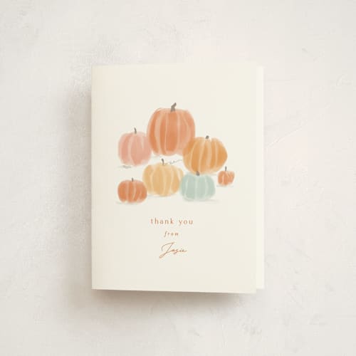 This is a pumpkin baby shower thank you cards with standard by Rebecca Durflinger called autumn pumpkins printing on strathmore in standard