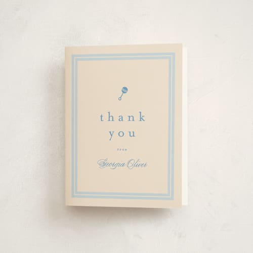 This is a powder blue baby shower thank you cards with standard by Carolyn MacLaren called classic start printing on strathmore in standard