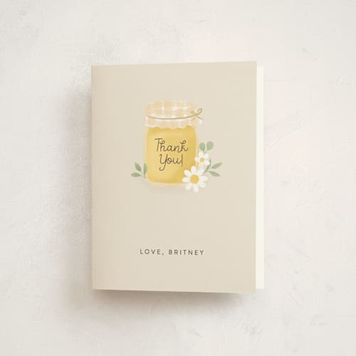 This is a greige baby shower thank you cards with standard by Itsy Belle Studio called little honey printing on strathmore in standard