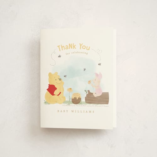 This is a sky baby shower thank you cards with standard by Creo Study called disney's winnie the pooh a little hunny printing on strathmore in standard