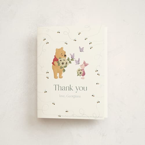 This is a spring baby shower thank you cards with standard by Townsend Majors called disney's winnie the pooh in bloom printing on strathmore in standard
