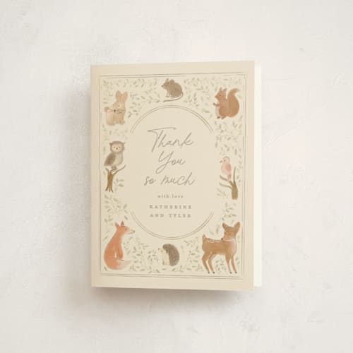 This is a ecru baby shower thank you cards with standard by Creo Study called woodland storybook printing on strathmore in standard