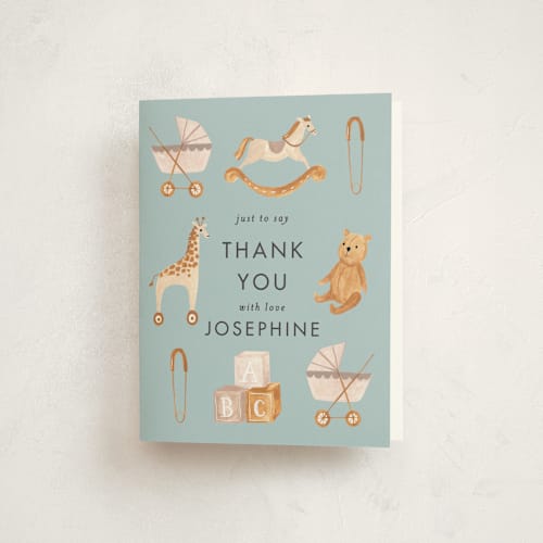 This is a cloud baby shower thank you cards with standard by Sarah Knight called prams, bears and baby printing on strathmore in standard