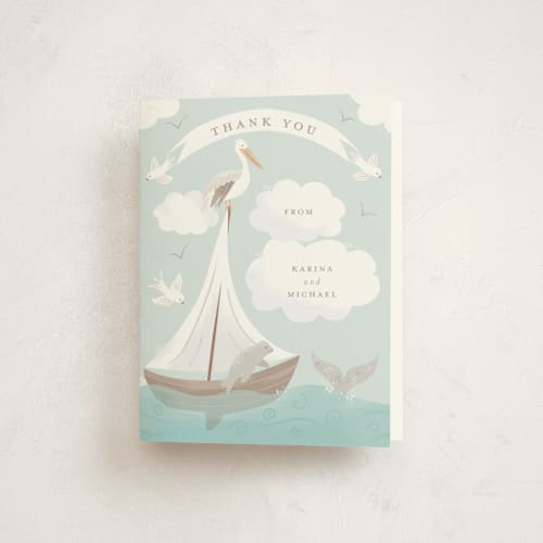 This is a sky baby shower thank you cards with standard by Jennifer Holbrook called little sailboat printing on strathmore in standard