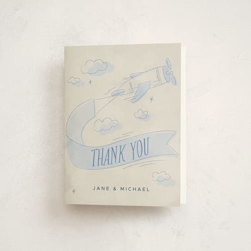 This is a sky baby shower thank you cards with standard by Vera Lim called fly with me printing on strathmore in standard
