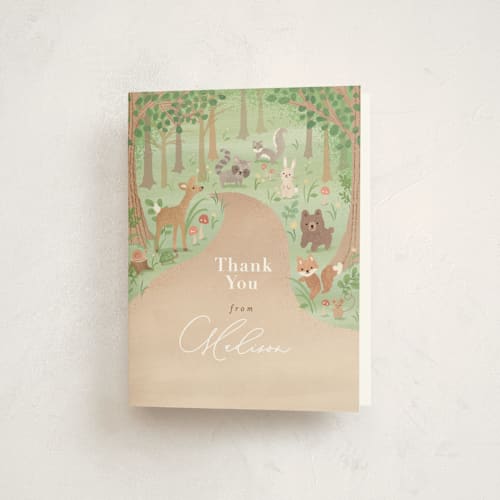 This is a earth baby shower thank you cards with standard by Jennifer Wick called into the woods printing on strathmore in standard