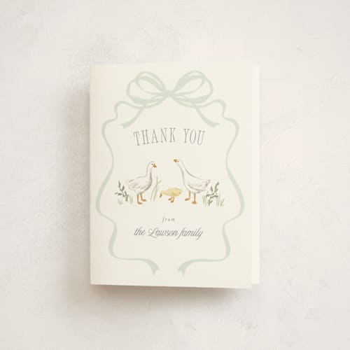 This is a mint baby shower thank you cards with standard by Everett Paper Goods called storybook geese printing on strathmore in standard