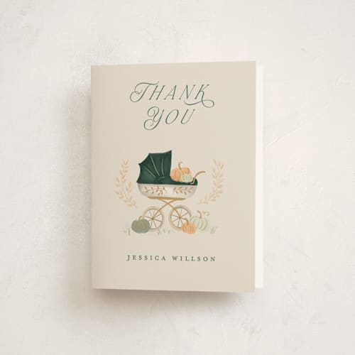 This is a pumpkin baby shower thank you cards with standard by Petra Kern called pumpkin stroller printing on strathmore in standard