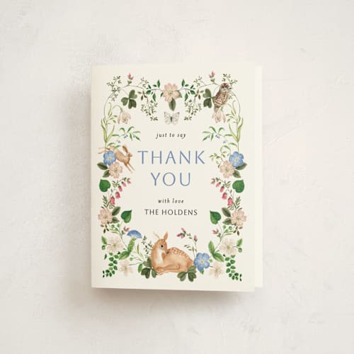 This is a elderflower baby shower thank you cards with standard by Sarah Knight called spring woodland printing on strathmore in standard
