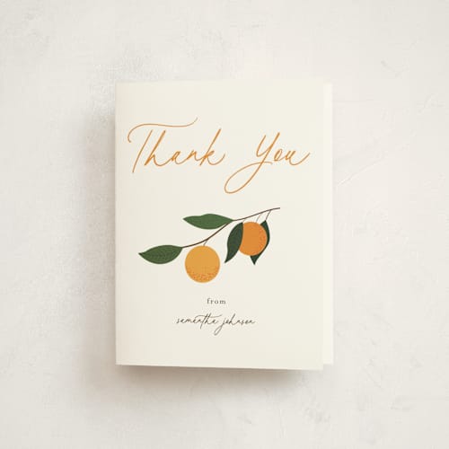 This is a clementine baby shower thank you cards with standard by Stacey Meacham called little cutie printing on strathmore in standard