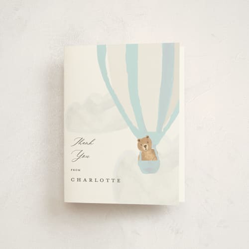 This is a blue berry baby shower thank you cards with standard by Teju Reval called hot air balloon bear printing on strathmore in standard
