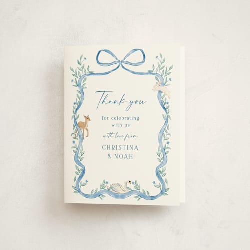 This is a blueberry baby shower thank you cards with standard by Elly called ribbon garden printing on strathmore in standard