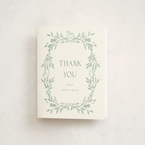 This is a celeste baby shower thank you cards with standard by Melinda Denison called baby shower wreath printing on strathmore in standard