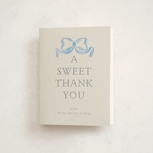 This is a baby blues baby shower thank you cards with standard by Lehan Veenker called vintage bow printing on strathmore in standard