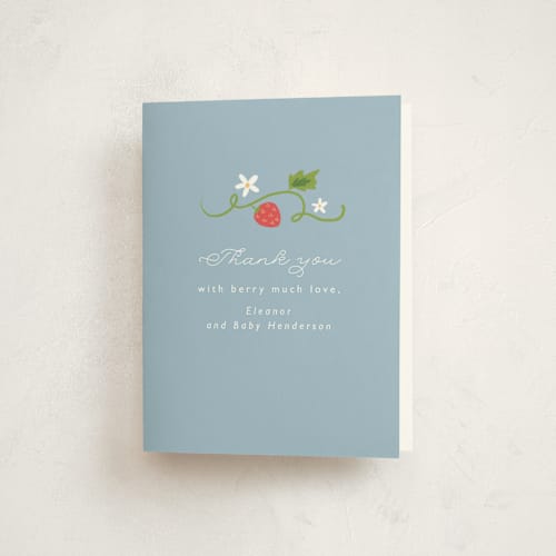 This is a blueberry baby shower thank you cards with standard by Hudson meet Rose called berry sweet printing on strathmore in standard