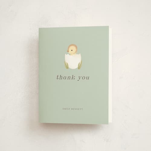 This is a sage baby shower thank you cards with standard by Itsy Belle Studio called lil duck printing on strathmore in standard