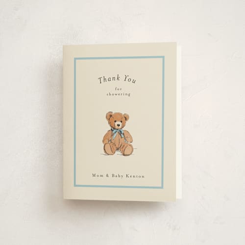 This is a frost baby shower thank you cards with standard by Becky Nimoy called antique teddy bear printing on strathmore in standard