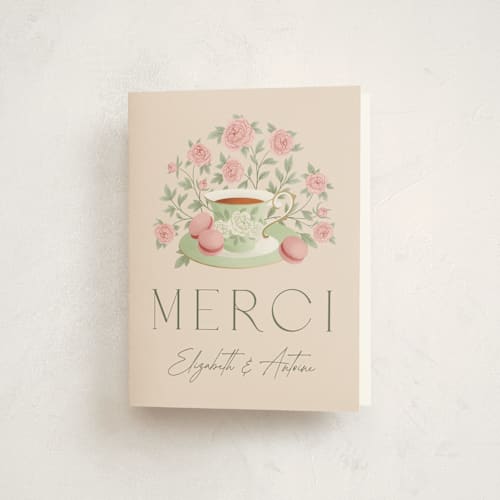 This is a framboise baby shower thank you cards with standard by Jamie Alexander called a baby is brewing printing on strathmore in standard