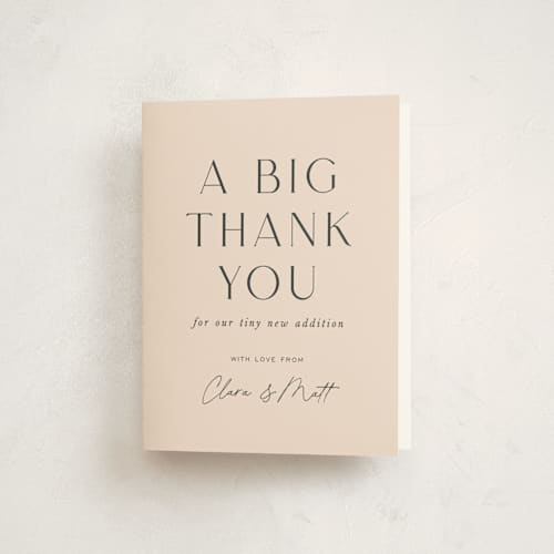 This is a blush baby shower thank you cards with standard by Sara Hicks Malone called big celebration, tiny addition printing on strathmore in standard