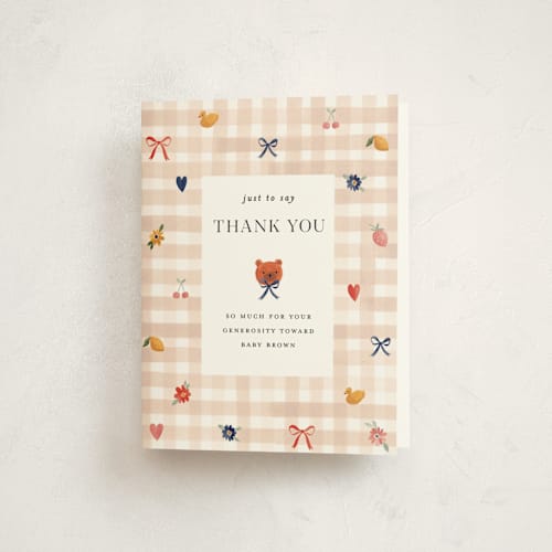 This is a shortbread baby shower thank you cards with standard by Sarah Knight called gingham printing on strathmore in standard