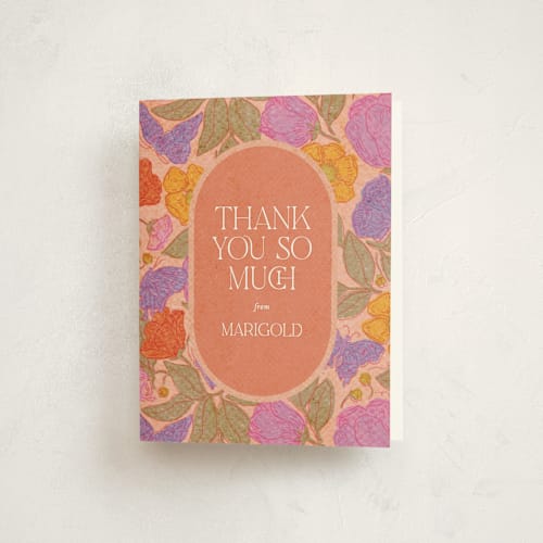 This is a peach baby shower thank you cards with standard by Simona Camp called vintage garden printing on strathmore in standard