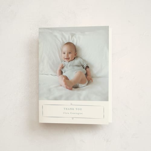This is a bluebell baby shower thank you cards with standard by Corinne Malesic called vintage whimsy printing on strathmore in standard