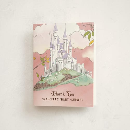 This is a mint baby shower thank you cards with standard by Becky Nimoy called sleeping beauty storybook forest printing on strathmore in standard