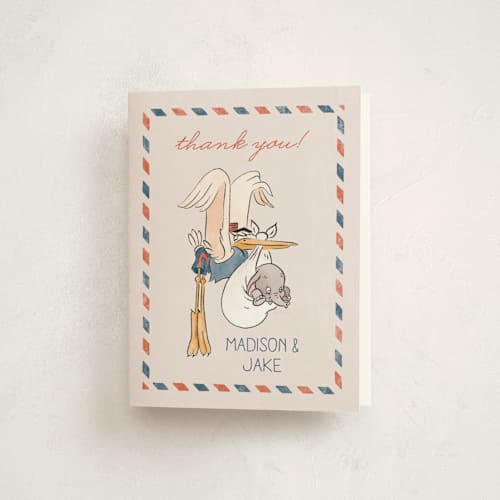 This is a navy baby shower thank you cards with standard by Claudia Orengo called disney's dumbo stork baby on the way printing on strathmore in standard