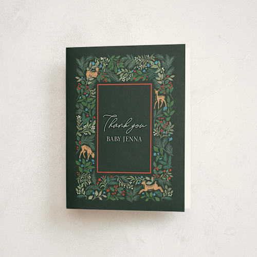 This is a forest baby shower thank you cards with standard by Elly called deer forest printing on strathmore in standard