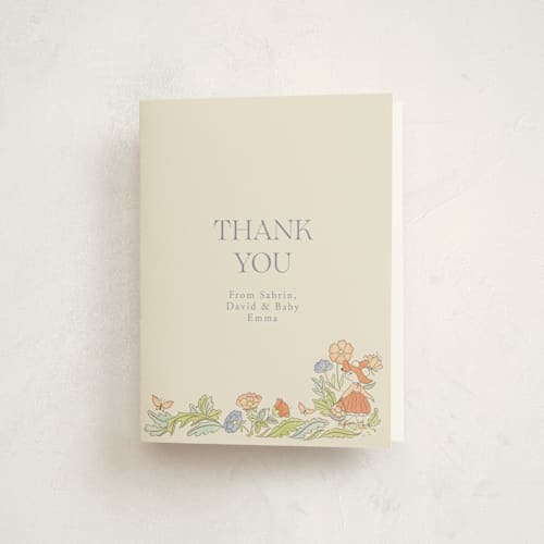 This is a vanilla baby shower thank you cards with standard by Sabrin Deirani called vintage magic town printing on strathmore in standard