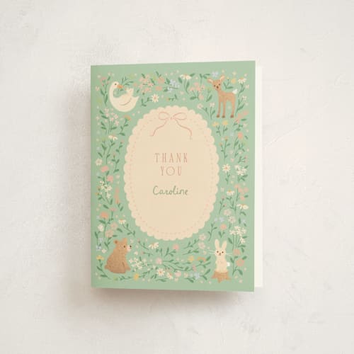 This is a mint baby shower thank you cards with standard by Jennifer Wick called garden animals printing on strathmore in standard