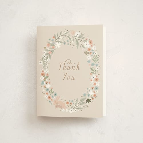 This is a sand baby shower thank you cards with standard by Hannah Williams called twinkle bunny printing on strathmore in standard