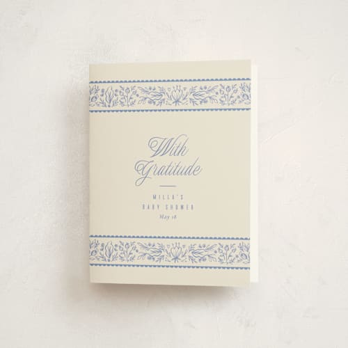 This is a cobalt baby shower thank you cards with standard by Ana Sharpe called bloomy baby printing on strathmore in standard