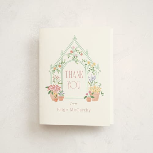 This is a strawberry baby shower thank you cards with standard by Jennifer Wick called petite greenhouse printing on strathmore in standard