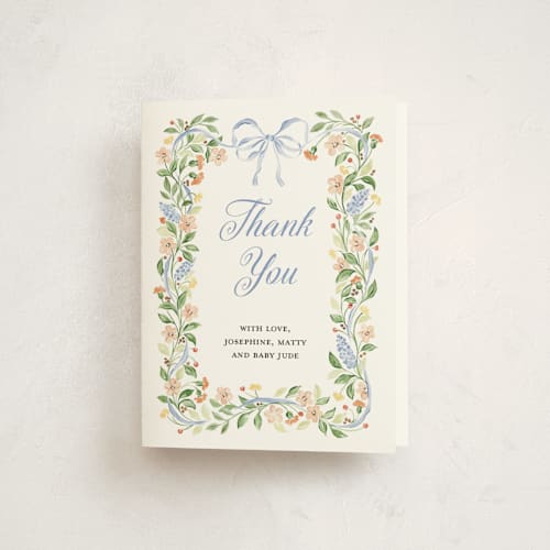 This is a bluebell baby shower thank you cards with standard by Sarah Knight called garden ribbon printing on strathmore in standard