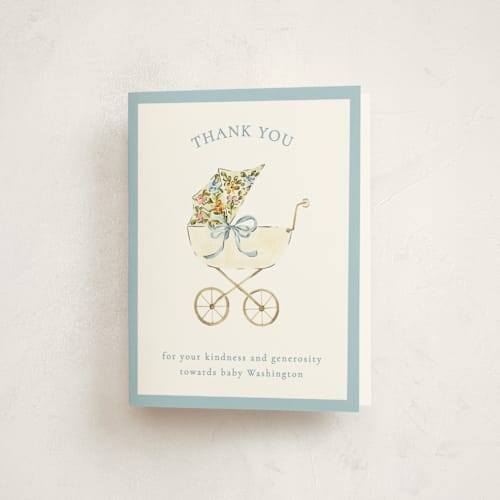 This is a sky baby shower thank you cards with standard by Sarah Knight called pram printing on strathmore in standard