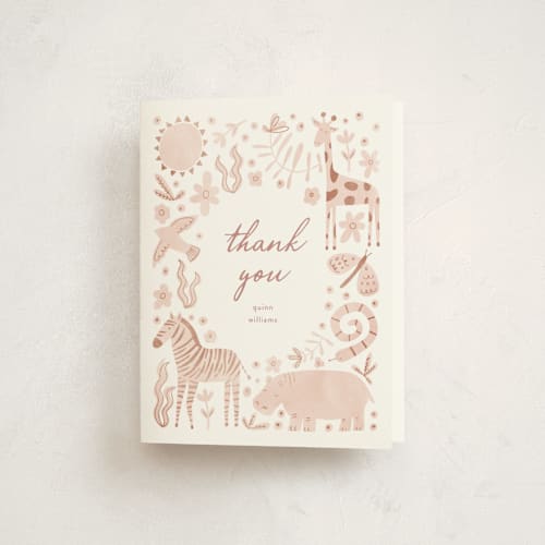 This is a sherbet baby shower thank you cards with standard by Pixel and Hank called creatures printing on strathmore in standard