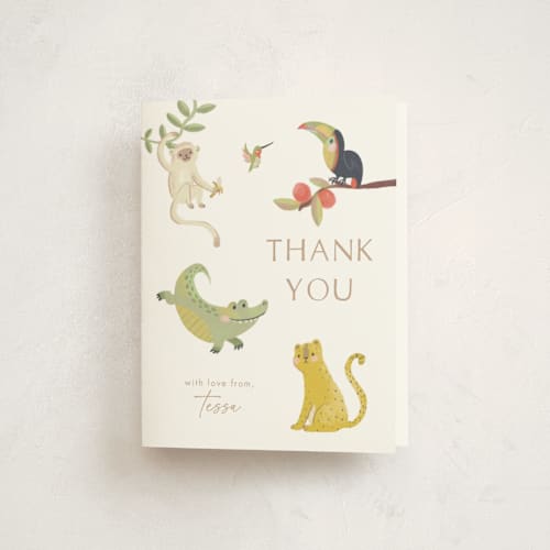 This is a ivory baby shower thank you cards with standard by Kate Blalock called tropical animals printing on strathmore in standard