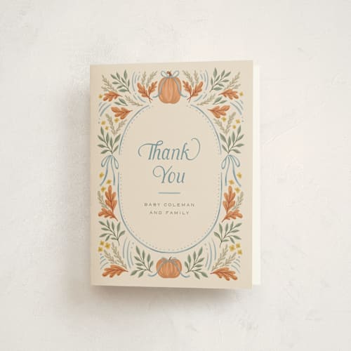 This is a cornflower baby shower thank you cards with standard by Laura Hankins called pumpkins + bows printing on strathmore in standard