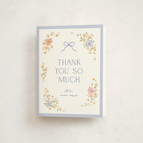 This is a periwinkle baby shower thank you cards with standard by Paper Raven Co. called bitty bouquet printing on strathmore in standard
