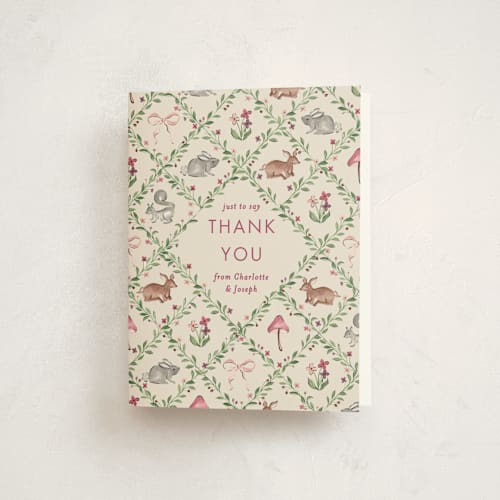 This is a mulberry baby shower thank you cards with standard by Sarah Knight called trellis printing on strathmore in standard