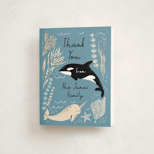 This is a ocean baby shower thank you cards with standard by Alethea and Ruth called under the sea creatures printing on strathmore in standard