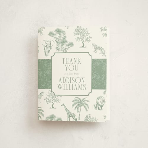 This is a palm baby shower thank you cards with standard by Jenna Holcomb called safari toile printing on strathmore in standard