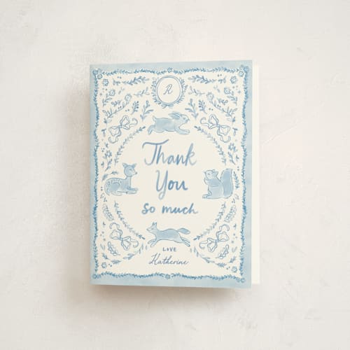 This is a sky baby shower thank you cards with standard by Creo Study called folk woodland printing on strathmore in standard